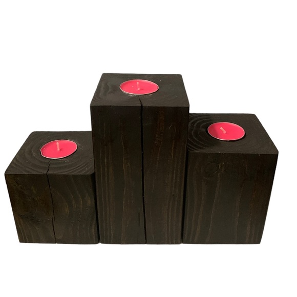 Handmade Wooden Tea Light Candle Holder Set Of 3 Rustic Cabin Decor Gift Set - Picture 2 of 9